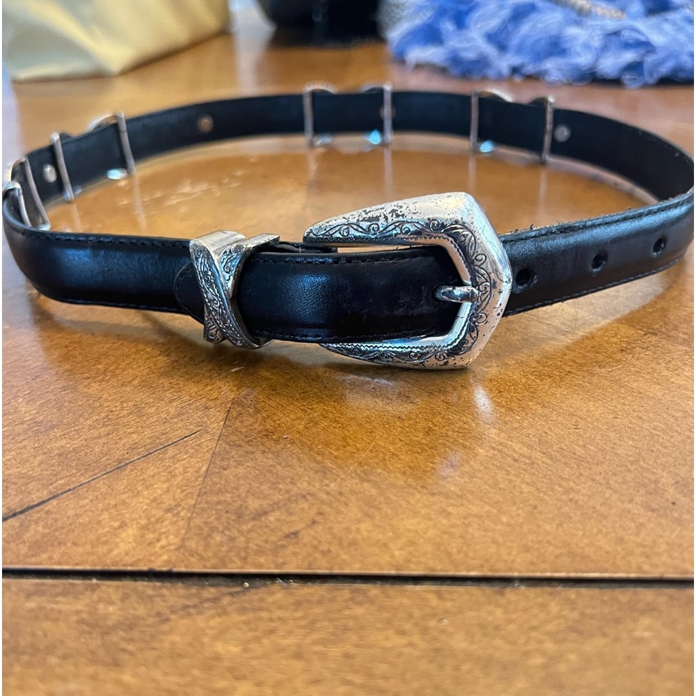 Brighton black leather belt with silver concho detail.